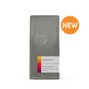 Velvet Sunrise Coffee bag Labeled Sunset Blvd. Espresso