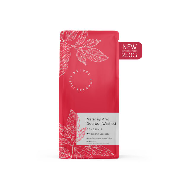 Bag of New seasonal espresso. Maracay Pink Bourbon